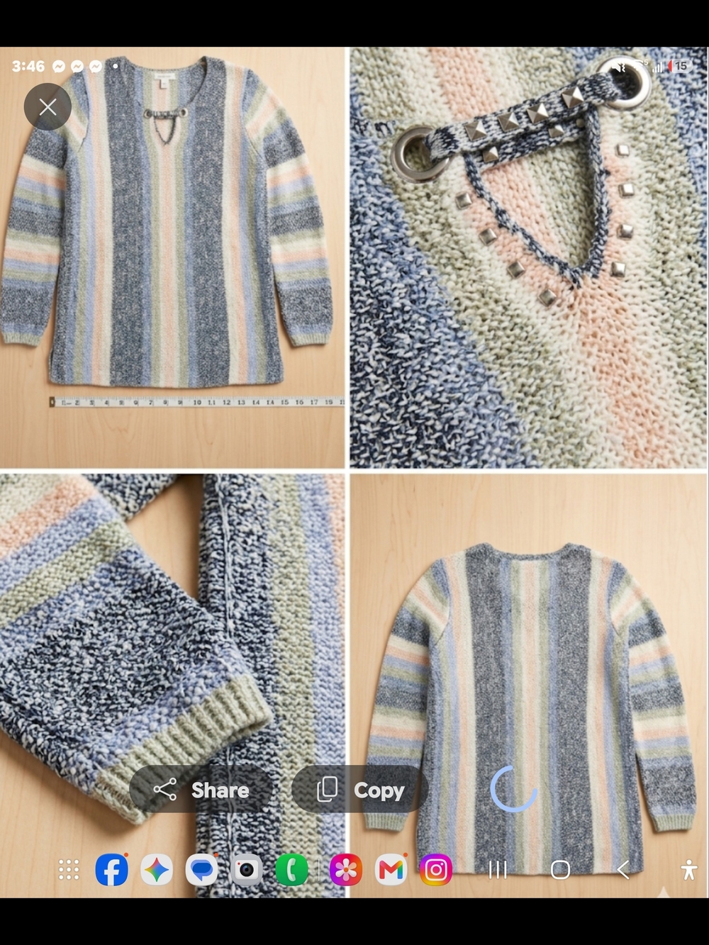 Striped Pastel Crewneck Sweater with Stud Accent - Women